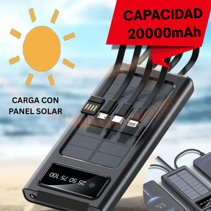 Turbo Power Bank 20.000mAh - Cargador portátil con PANEL SOLAR de 4 cables USB - MULTIDISPOSITIVO