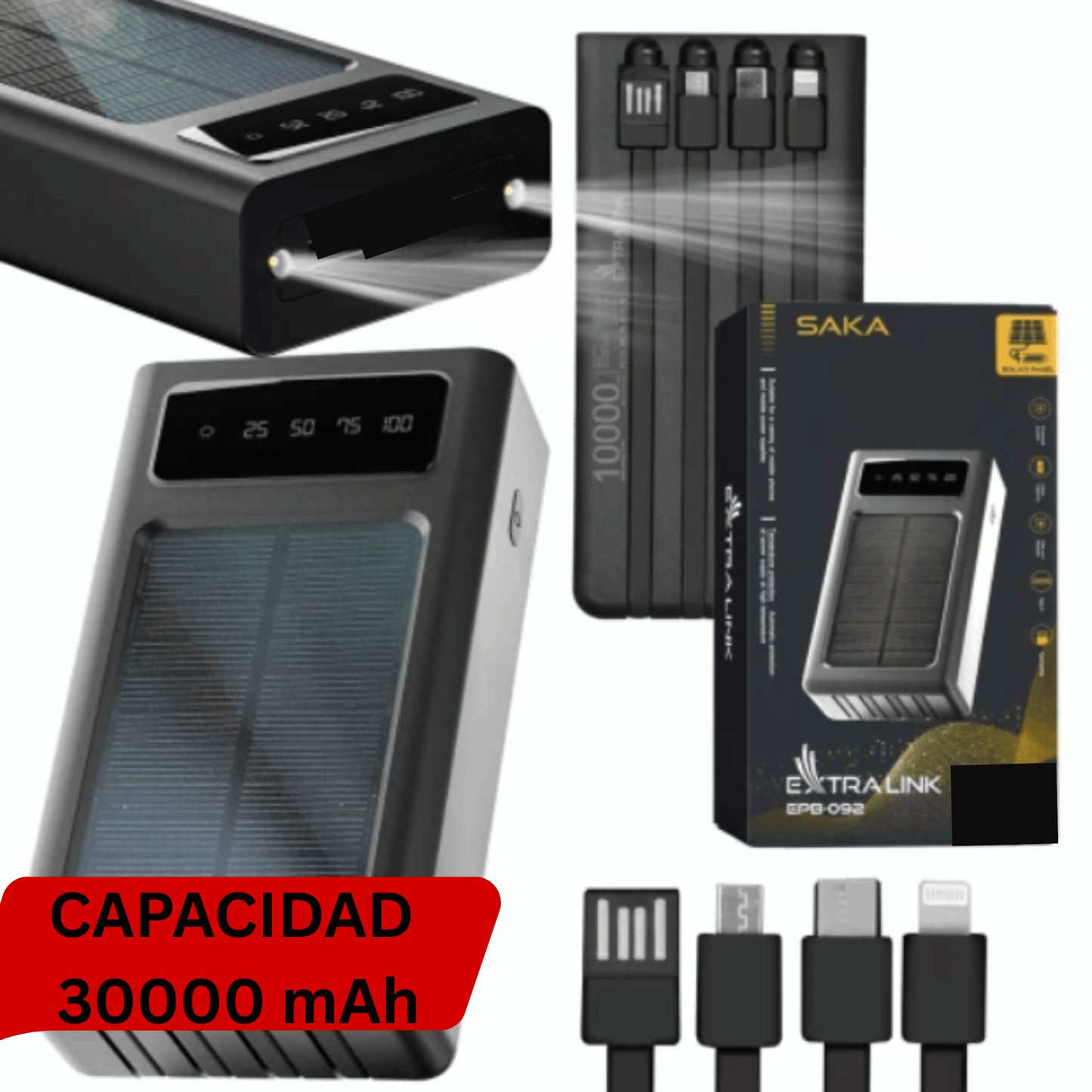 MEGA Power Bank DE 30.000mAh - VERSION MASTER con PANEL SOLAR de 4 cables USB - MULTIDISPOSITIVO